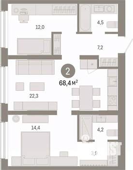 2-к квартира, вторичка, 68м2, 1/9 этаж