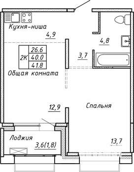 2-к квартира, вторичка, 42м2, 9/15 этаж