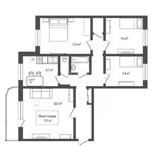 4-к квартира, вторичка, 78м2, 2/9 этаж
