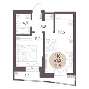 1-к квартира, вторичка, 41м2, 1/7 этаж