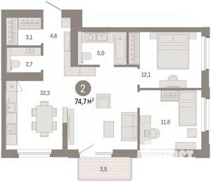 2-к квартира, вторичка, 75м2, 11/14 этаж