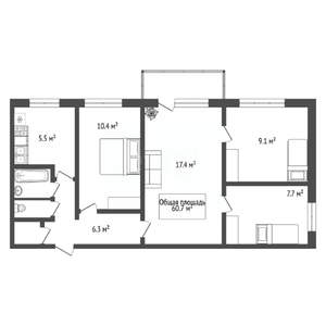 4-к квартира, вторичка, 61м2, 5/5 этаж