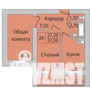 2-к квартира, строящийся дом, 52м2, 2/12 этаж