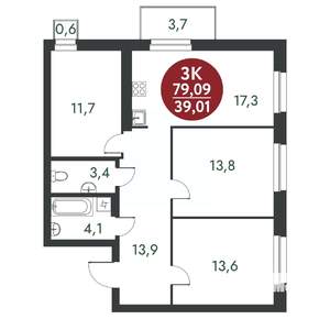 3-к квартира, вторичка, 79м2, 7/10 этаж