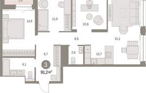 3-к квартира, вторичка, 91м2, 25/30 этаж