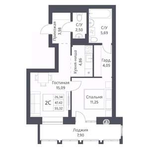 2-к квартира, вторичка, 47м2, 14/18 этаж