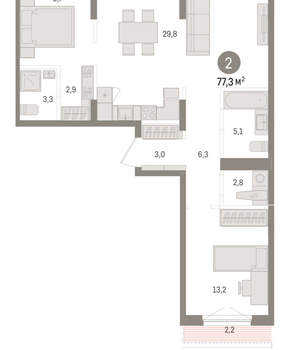 2-к квартира, вторичка, 77м2, 8/15 этаж