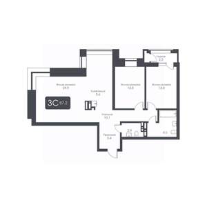 3-к квартира, строящийся дом, 87м2, 27/30 этаж