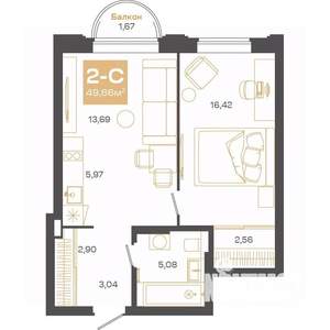 2-к квартира, строящийся дом, 49м2, 5/24 этаж
