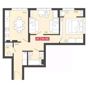 2-к квартира, вторичка, 56м2, 12/22 этаж