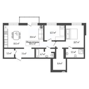 3-к квартира, вторичка, 107м2, 7/8 этаж