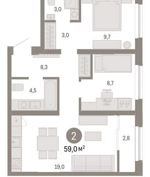 2-к квартира, вторичка, 59м2, 9/15 этаж