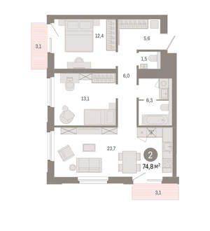 2-к квартира, вторичка, 75м2, 6/24 этаж