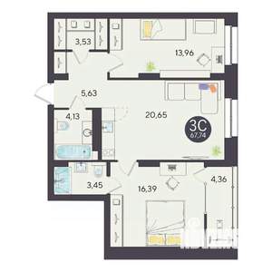 3-к квартира, вторичка, 68м2, 7/10 этаж