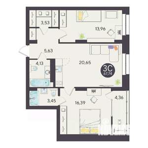 3-к квартира, вторичка, 68м2, 6/10 этаж