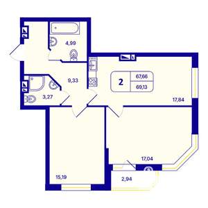 2-к квартира, вторичка, 69м2, 20/26 этаж