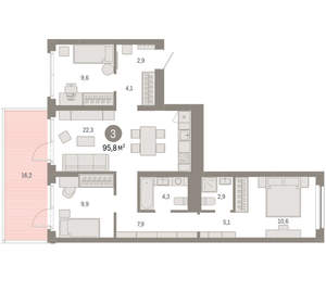 3-к квартира, вторичка, 96м2, 2/12 этаж