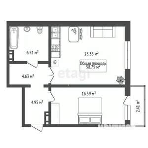 1-к квартира, сданный дом, 59м2, 6/10 этаж