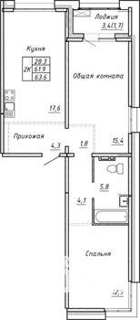 2-к квартира, строящийся дом, 64м2, 11/15 этаж