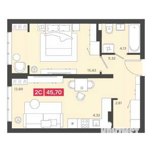 2-к квартира, вторичка, 46м2, 12/22 этаж