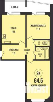 2-к квартира, строящийся дом, 65м2, 5/13 этаж