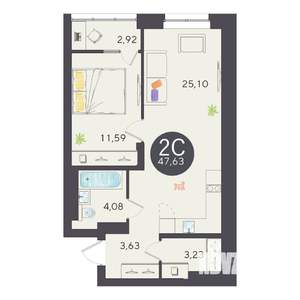 2-к квартира, вторичка, 48м2, 2/25 этаж
