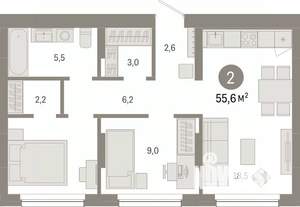 2-к квартира, вторичка, 56м2, 2/12 этаж
