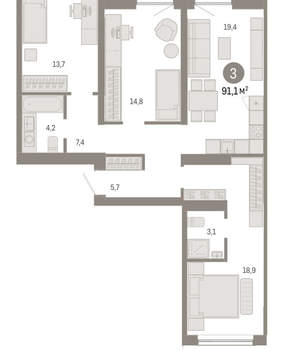 3-к квартира, вторичка, 91м2, 4/15 этаж
