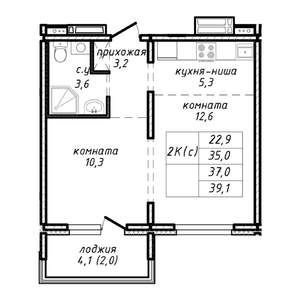2-к квартира, строящийся дом, 37м2, 2/17 этаж
