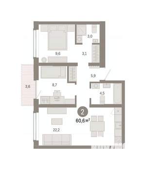 2-к квартира, вторичка, 61м2, 6/8 этаж