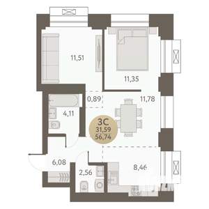 3-к квартира, вторичка, 57м2, 22/31 этаж