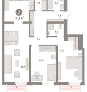 2-к квартира, вторичка, 95м2, 5/23 этаж