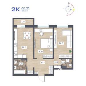2-к квартира, строящийся дом, 66м2, 3/17 этаж