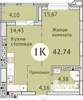 1-к квартира, сданный дом, 43м2, 23/23 этаж
