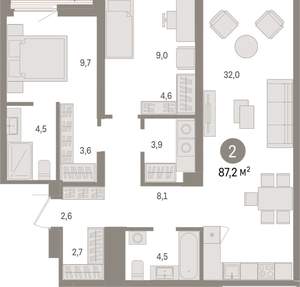 2-к квартира, вторичка, 87м2, 8/15 этаж