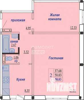 2-к квартира, вторичка, 58м2, 2/10 этаж