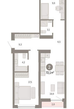 2-к квартира, вторичка, 72м2, 5/15 этаж