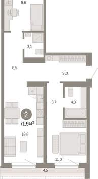 2-к квартира, вторичка, 72м2, 6/15 этаж