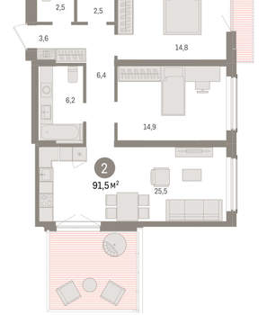 2-к квартира, вторичка, 92м2, 10/15 этаж