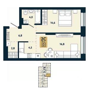2-к квартира, вторичка, 50м2, 11/25 этаж