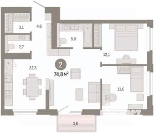 2-к квартира, вторичка, 75м2, 9/14 этаж