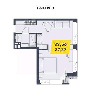 1-к квартира, строящийся дом, 37м2, 20/29 этаж