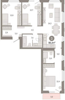 3-к квартира, вторичка, 95м2, 9/24 этаж