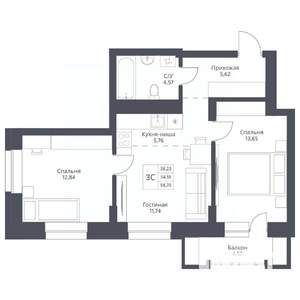 3-к квартира, вторичка, 58м2, 20/24 этаж