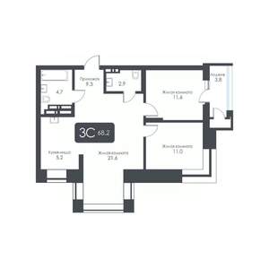 3-к квартира, строящийся дом, 68м2, 27/30 этаж