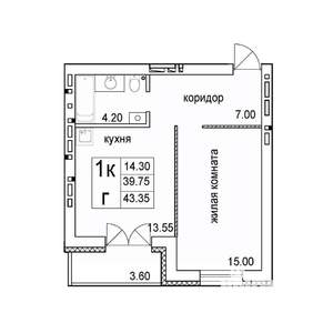 1-к квартира, строящийся дом, 43м2, 7/8 этаж