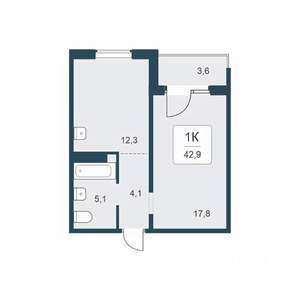 1-к квартира, вторичка, 43м2, 11/17 этаж