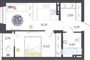 2-к квартира, строящийся дом, 39м2, 8/27 этаж