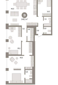 3-к квартира, сданный дом, 148м2, 21/24 этаж