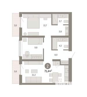 2-к квартира, вторичка, 71м2, 2/7 этаж